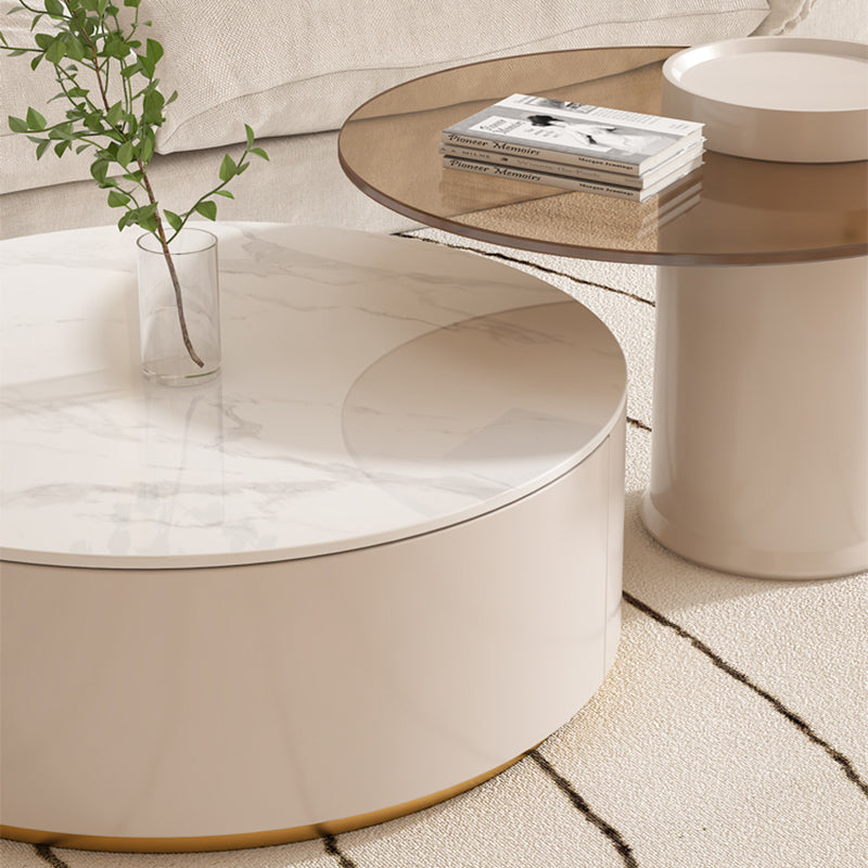 Drum Coffee Table Round Slate Top Cocktail Table with 2 Storage Drawers