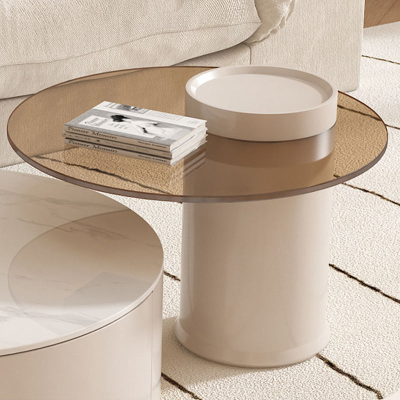 Drum Coffee Table Round Slate Top Cocktail Table with 2 Storage Drawers