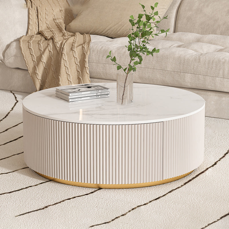 Drum Coffee Table Round Slate Top Cocktail Table with 2 Storage Drawers