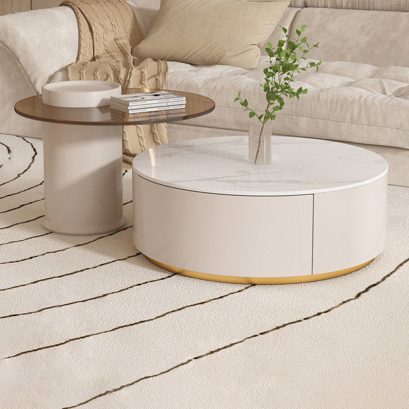 Drum Coffee Table Round Slate Top Cocktail Table with 2 Storage Drawers