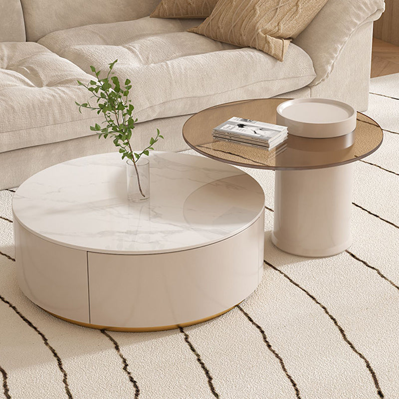 Drum Coffee Table Round Slate Top Cocktail Table with 2 Storage Drawers