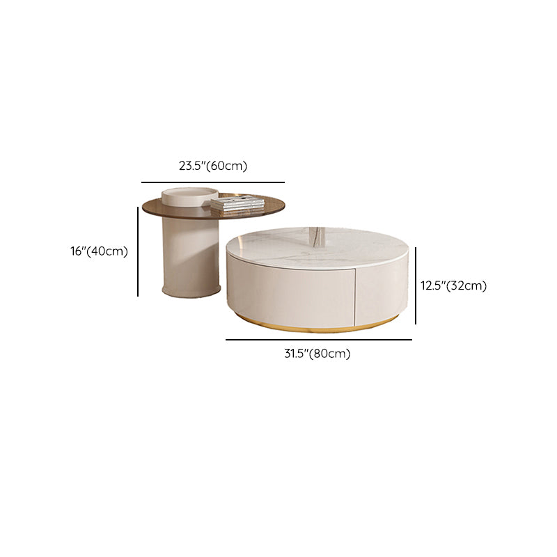 Drum Coffee Table Round Slate Top Cocktail Table with 2 Storage Drawers