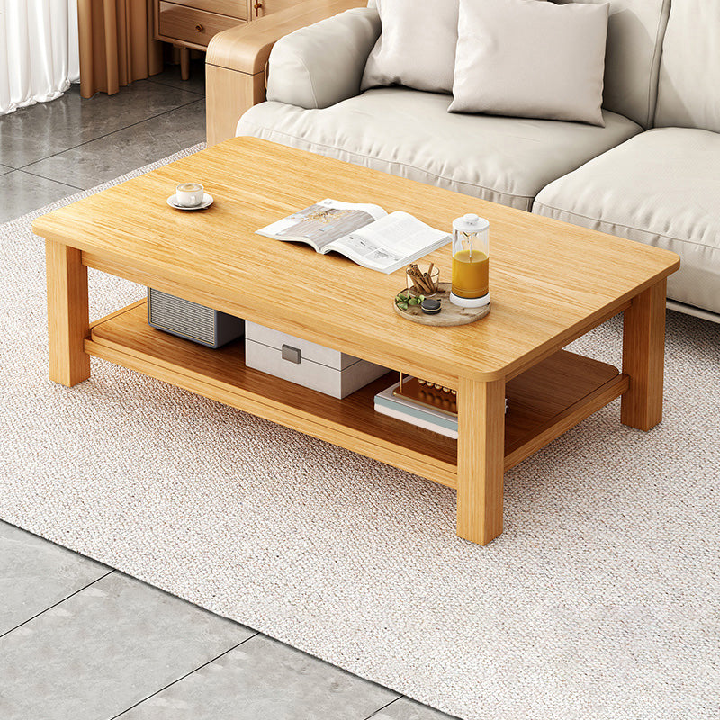Rectangular Wooden 1 Single Coffee Table 4 Legs Cocktail Table with Shelf