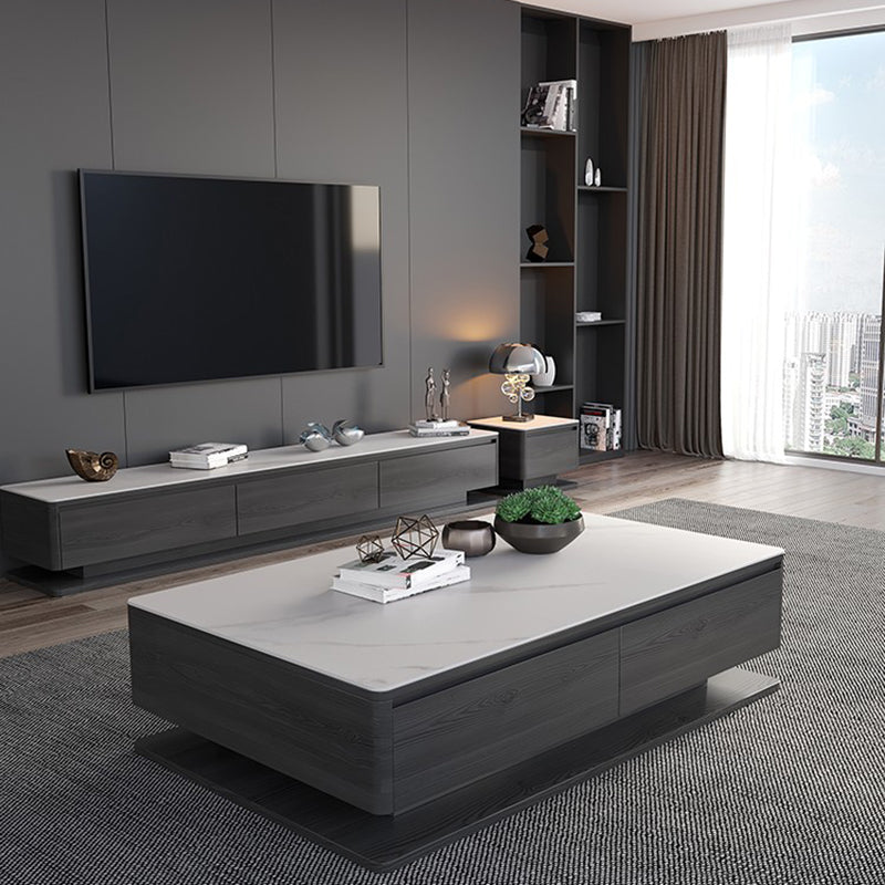Contemporary Rectangular Stone Coffee Table 16.9" H Block Cocktail Table with 4 Drawers