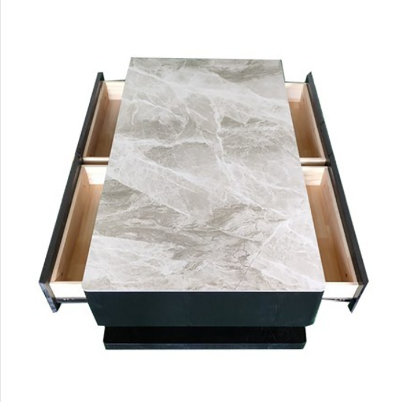 Contemporary Rectangular Stone Coffee Table 16.9" H Block Cocktail Table with 4 Drawers