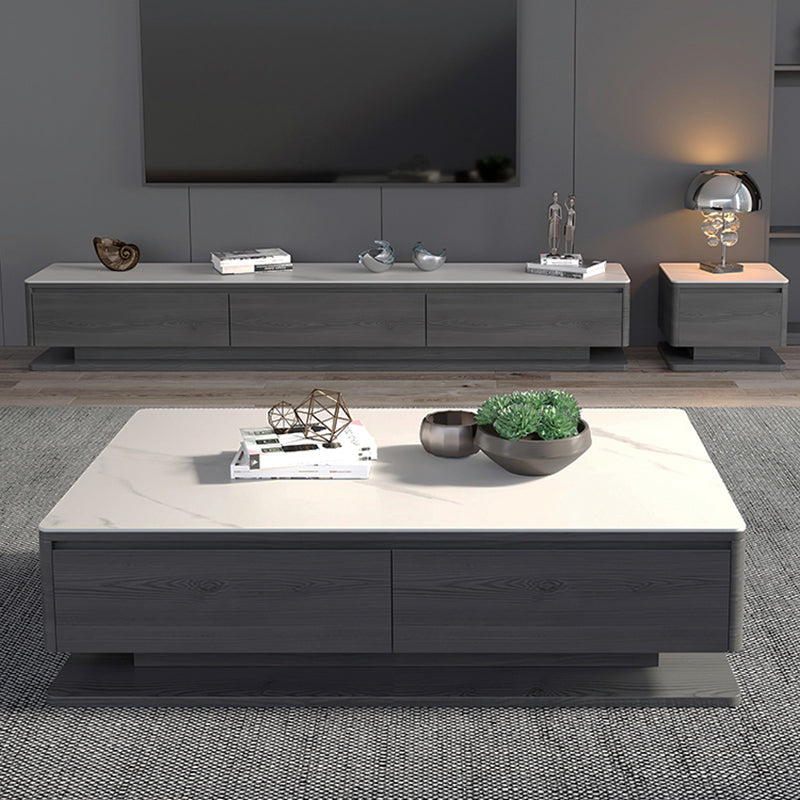Contemporary Rectangular Stone Coffee Table 16.9" H Block Cocktail Table with 4 Drawers