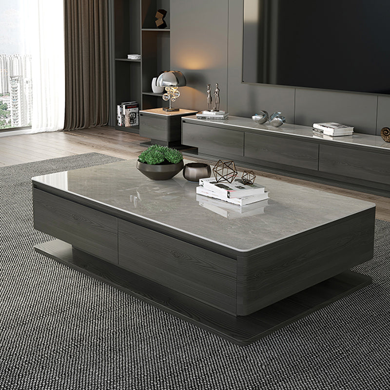 Contemporary Rectangular Stone Coffee Table 16.9" H Block Cocktail Table with 4 Drawers