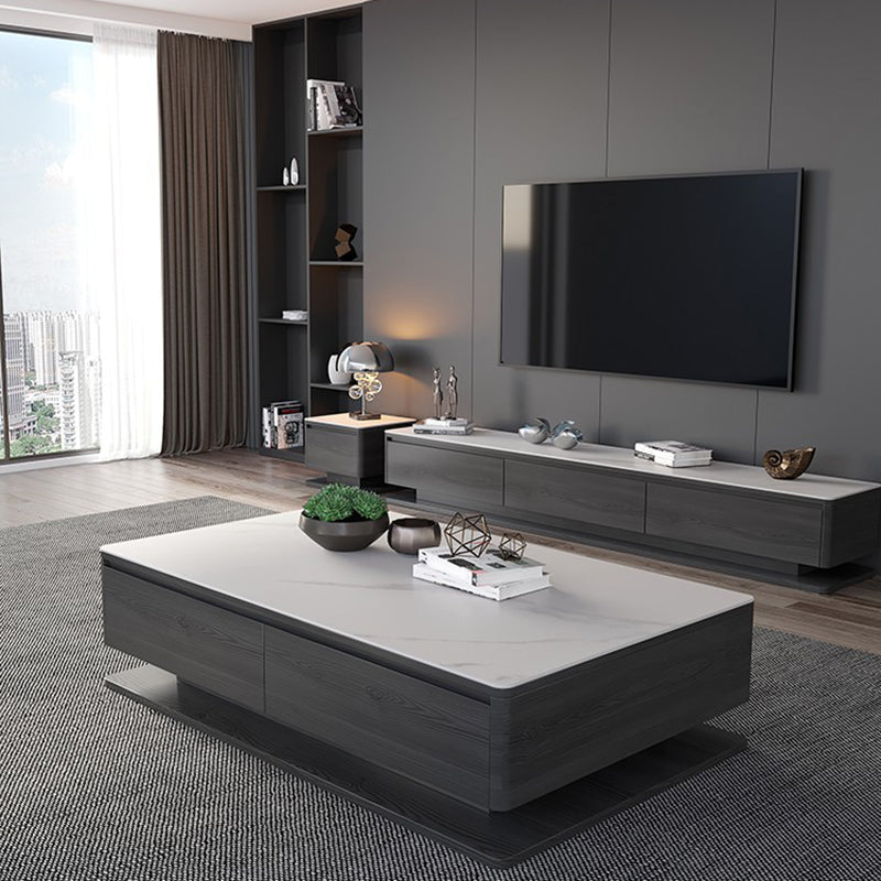 Contemporary Rectangular Stone Coffee Table 16.9" H Block Cocktail Table with 4 Drawers
