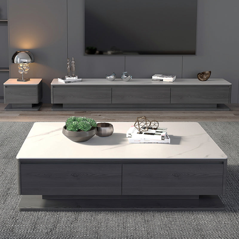 Contemporary Rectangular Stone Coffee Table 16.9" H Block Cocktail Table with 4 Drawers