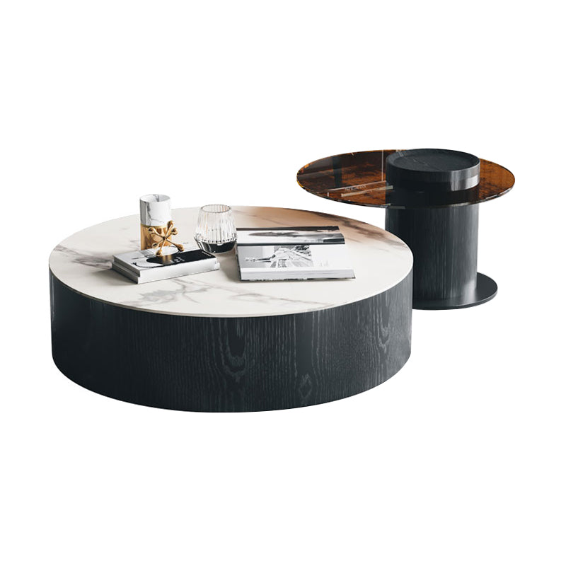 2-Drawer Drum 2 Bunching Coffee Tables Modern Round Wood Cocktail Table Set