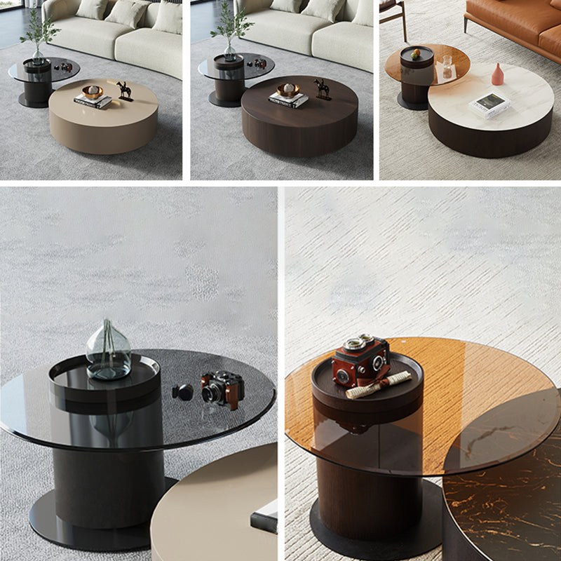 2-Drawer Drum 2 Bunching Coffee Tables Modern Round Wood Cocktail Table Set