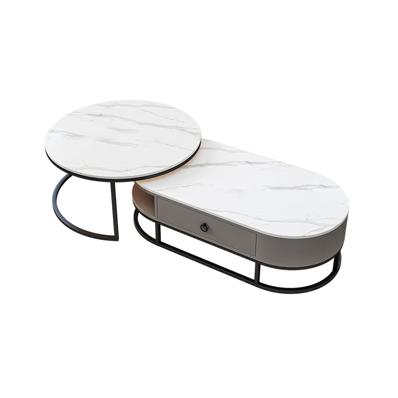 Oval Glass & Slate Coffee Table Set Frame Cocktail Table with Drawers