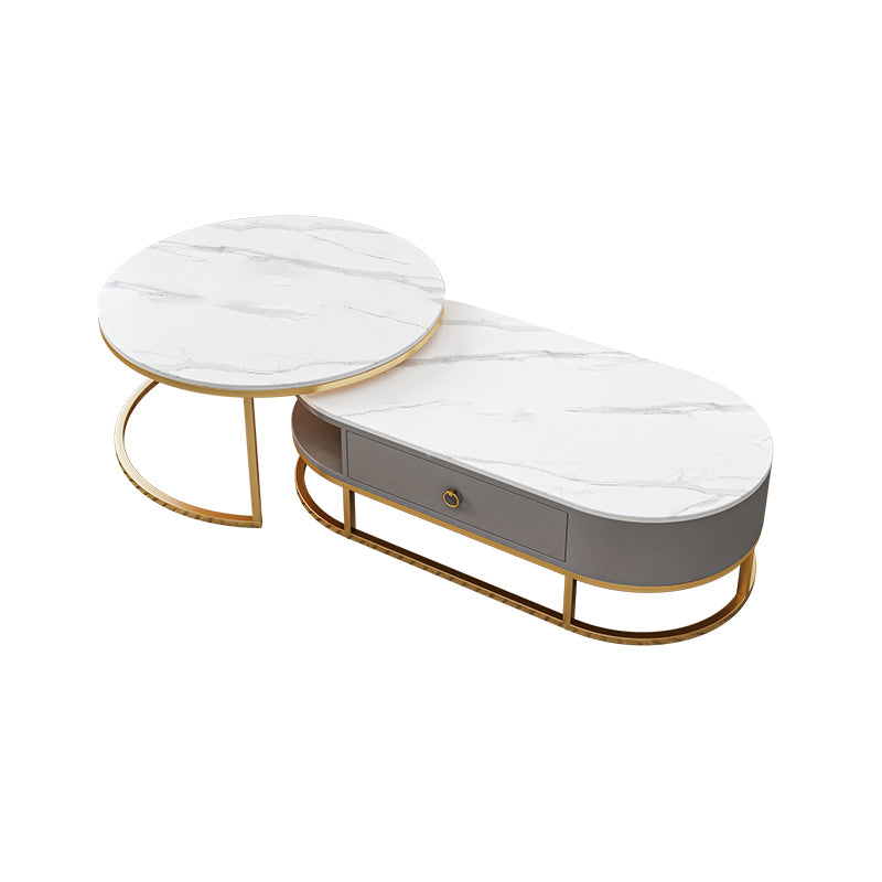 Oval Glass & Slate Coffee Table Set Frame Cocktail Table with Drawers