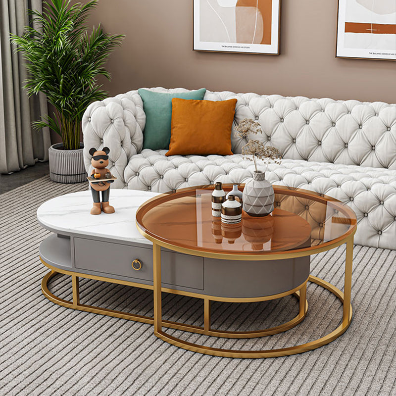 Oval Glass & Slate Coffee Table Set Frame Cocktail Table with Drawers