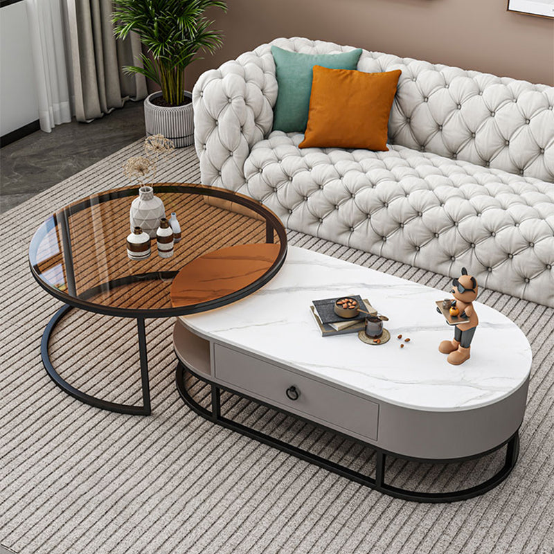 Oval Glass & Slate Coffee Table Set Frame Cocktail Table with Drawers