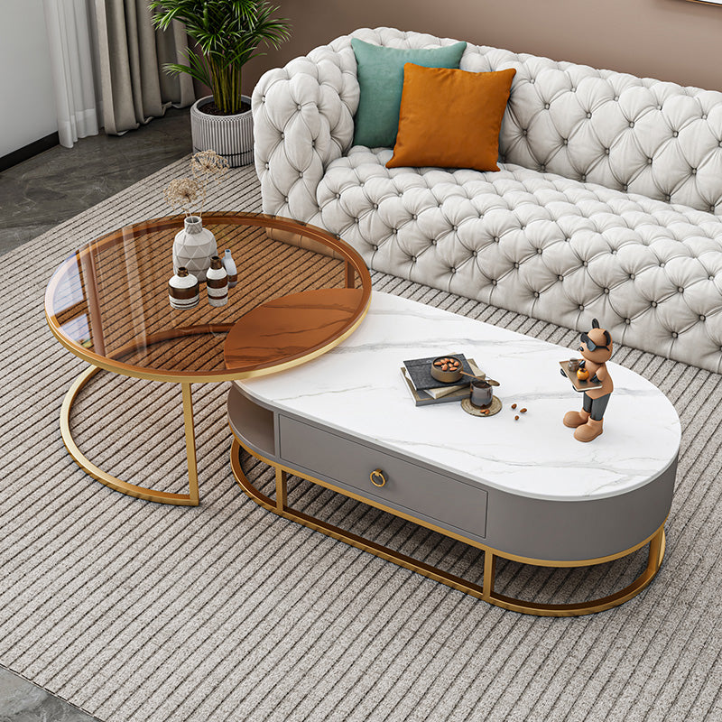 Oval Glass & Slate Coffee Table Set Frame Cocktail Table with Drawers