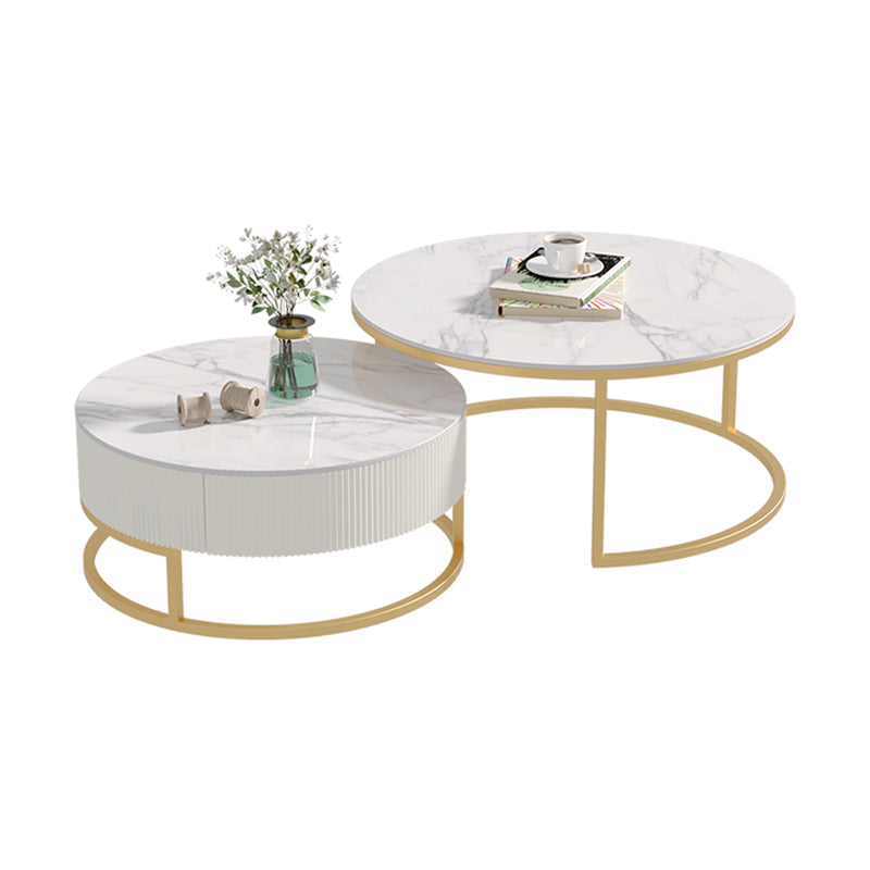 Glass Top Frame Coffee Table Round Nesting Coffee Table Set with Drawer