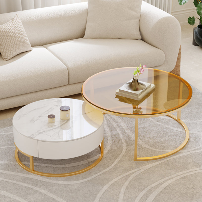 Glass Top Frame Coffee Table Round Nesting Coffee Table Set with Drawer