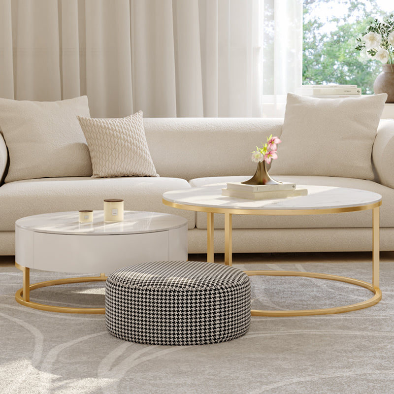 Glass Top Frame Coffee Table Round Nesting Coffee Table Set with Drawer