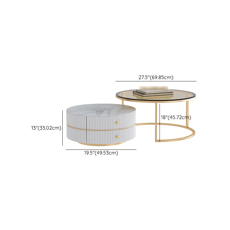 Glass Top Frame Coffee Table Round Nesting Coffee Table Set with Drawer