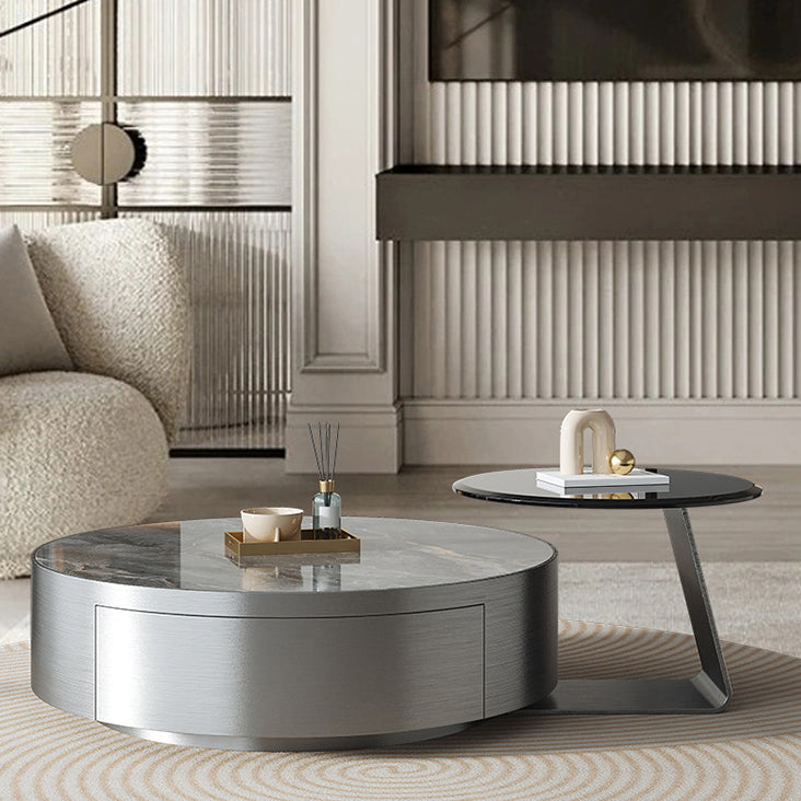 Modern Slate and Glass Top Coffee Table Set Round Drum Cocktail Table