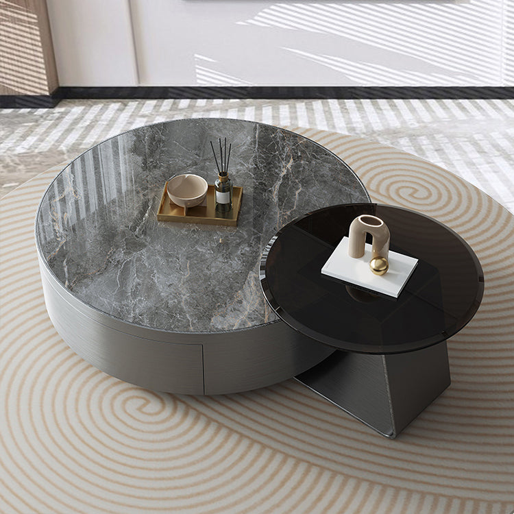 Modern Slate and Glass Top Coffee Table Set Round Drum Cocktail Table