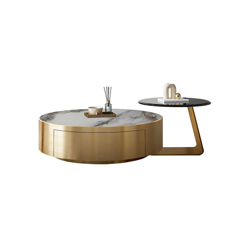 Modern Slate and Glass Top Coffee Table Set Round Drum Cocktail Table