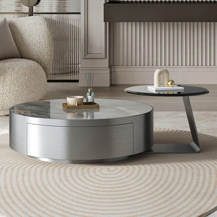Modern Slate and Glass Top Coffee Table Set Round Drum Cocktail Table