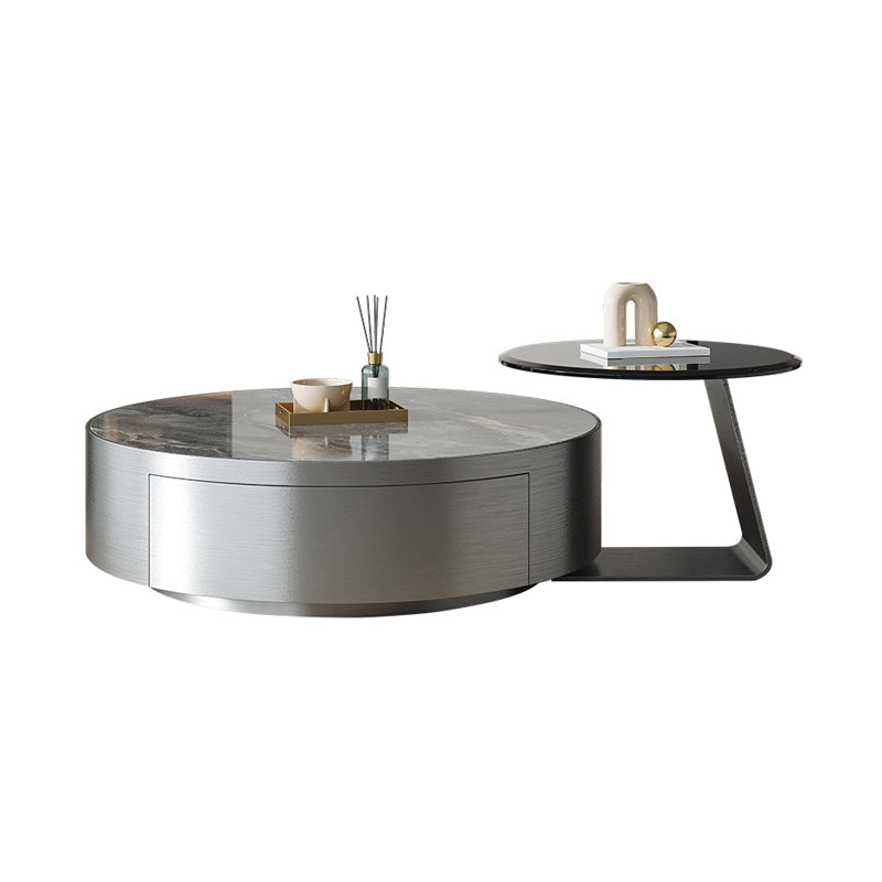 Modern Slate and Glass Top Coffee Table Set Round Drum Cocktail Table