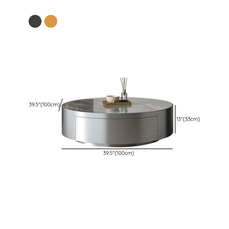 Modern Slate and Glass Top Coffee Table Set Round Drum Cocktail Table