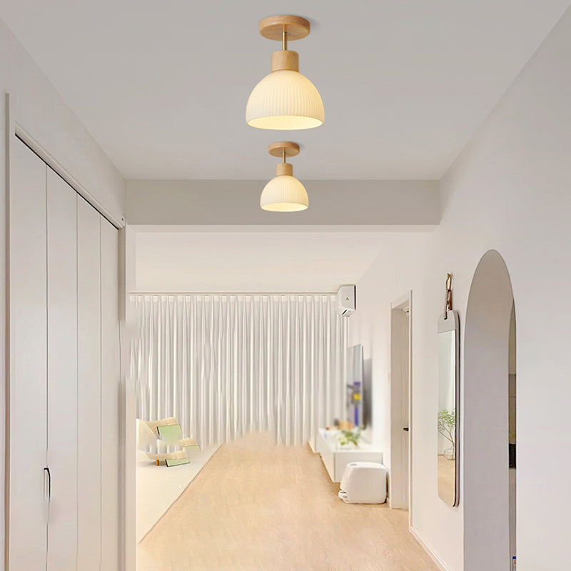 Contemporary Wood Ceiling Light White Shaded Flush Mount Lighting for Home