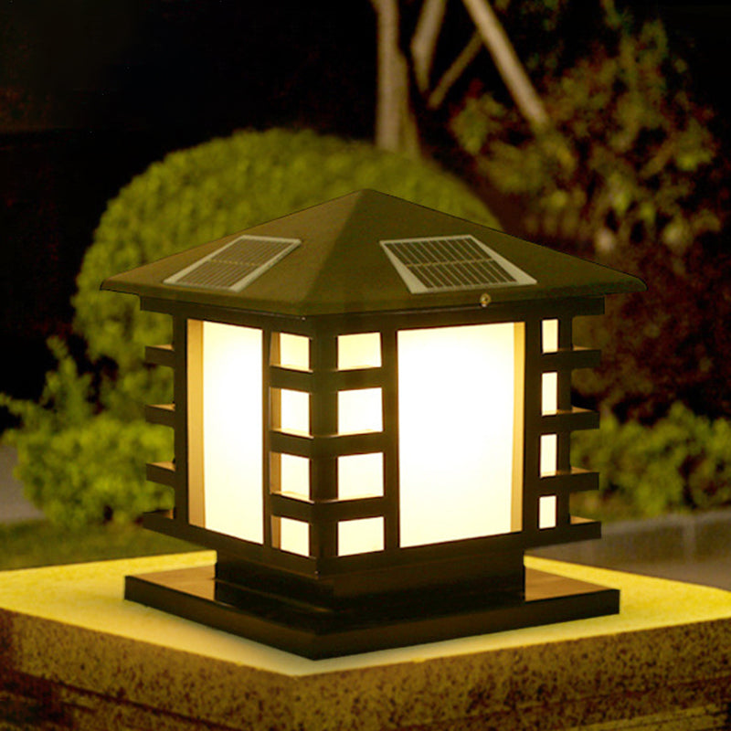 Metal Rectangle Solar Pillar Lamp Modern 1 Light Outdoor Waterproof Light in Black