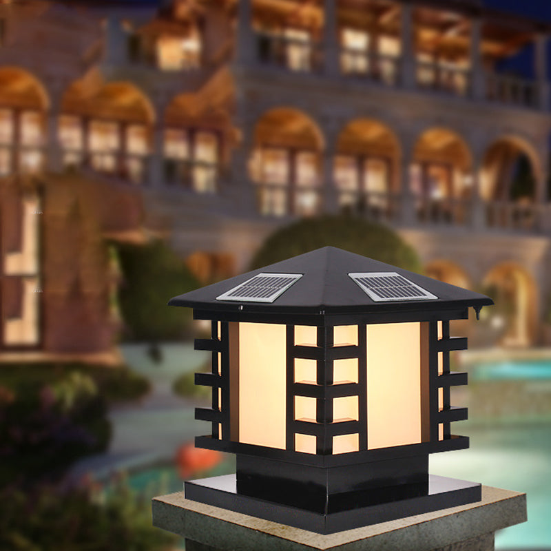 Metal Rectangle Solar Pillar Lamp Modern 1 Light Outdoor Waterproof Light in Black