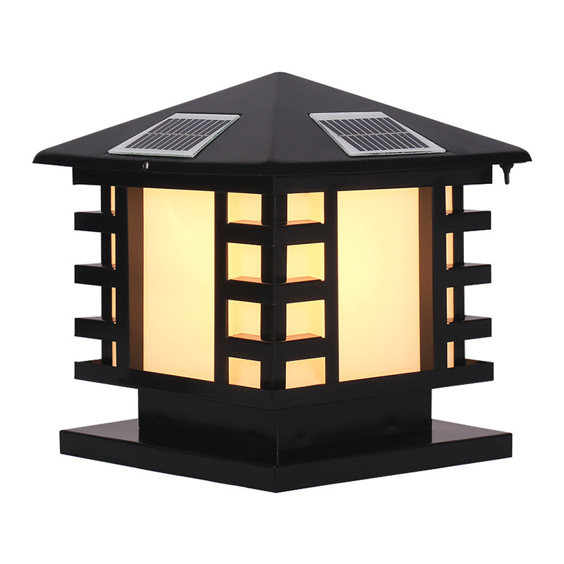 Metal Rectangle Solar Pillar Lamp Modern 1 Light Outdoor Waterproof Light in Black