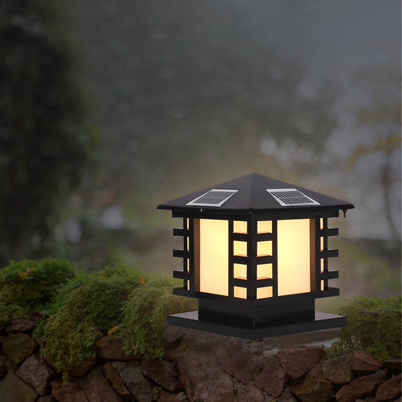 Metal Rectangle Solar Pillar Lamp Modern 1 Light Outdoor Waterproof Light in Black