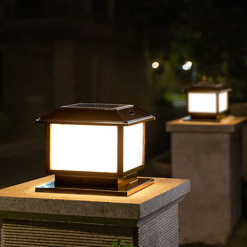 Metal Rectangle Shape Solar Pillar Lamp Modern 1-Light Outdoor Waterproof Light