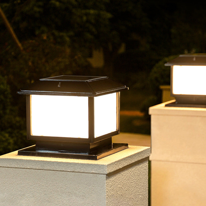 Metal Rectangle Shape Solar Pillar Lamp Modern 1-Light Outdoor Waterproof Light
