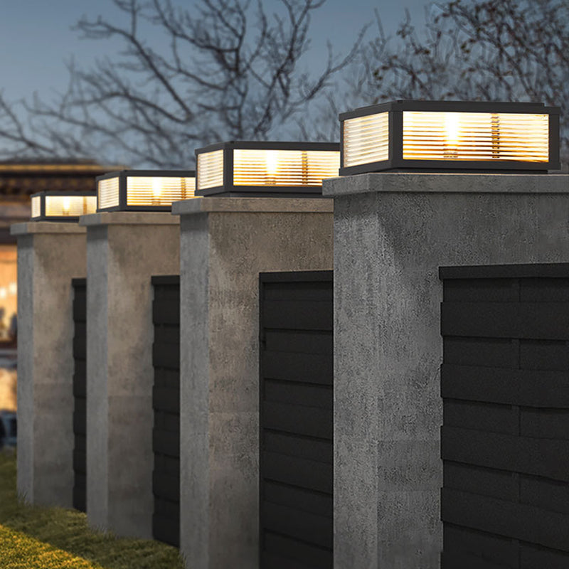 Metal Rectangle Shape Solar Pillar Lamp Modern 1 Light Outdoor Waterproof Light in Black