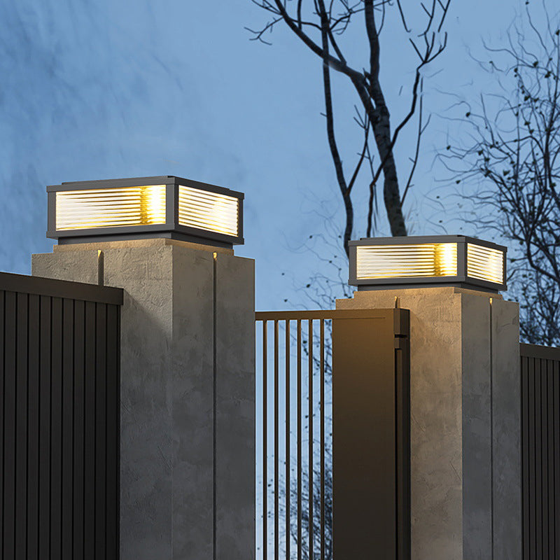Metal Rectangle Shape Solar Pillar Lamp Modern 1 Light Outdoor Waterproof Light in Black