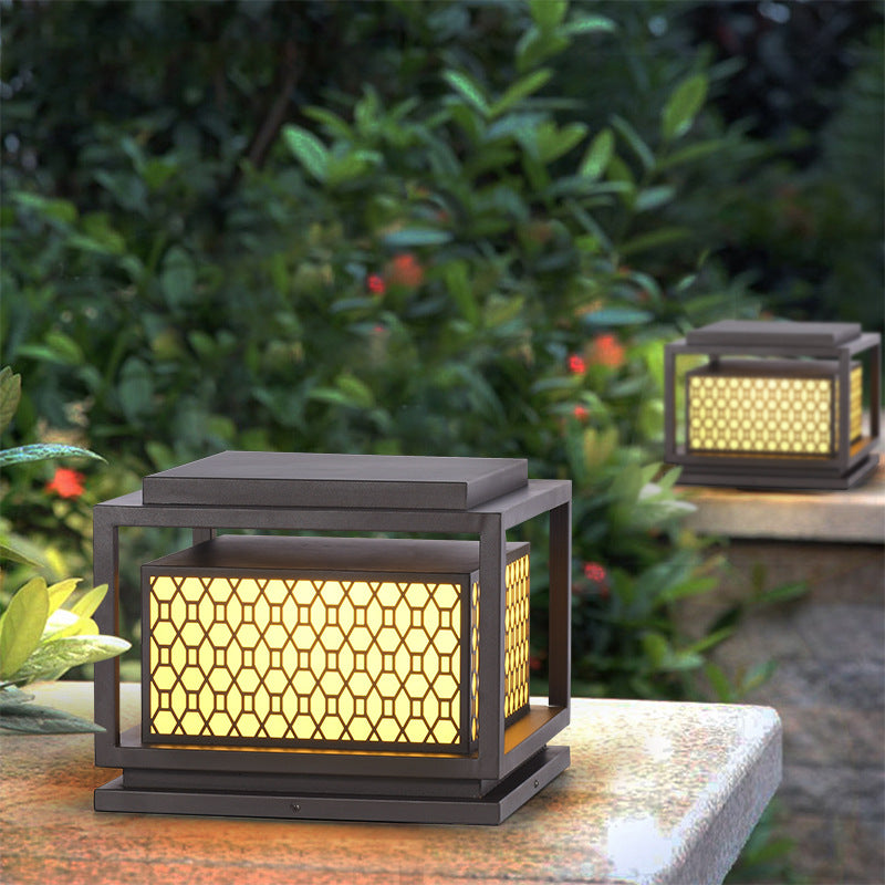 Metal Rectangle Shape Solar Pillar Lamp Modern 1 Light Outdoor Waterproof Light in Brown