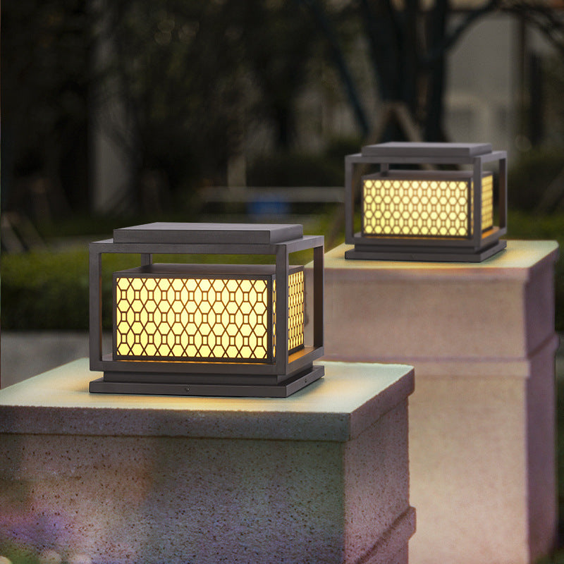 Metal Rectangle Shape Solar Pillar Lamp Modern 1 Light Outdoor Waterproof Light in Brown