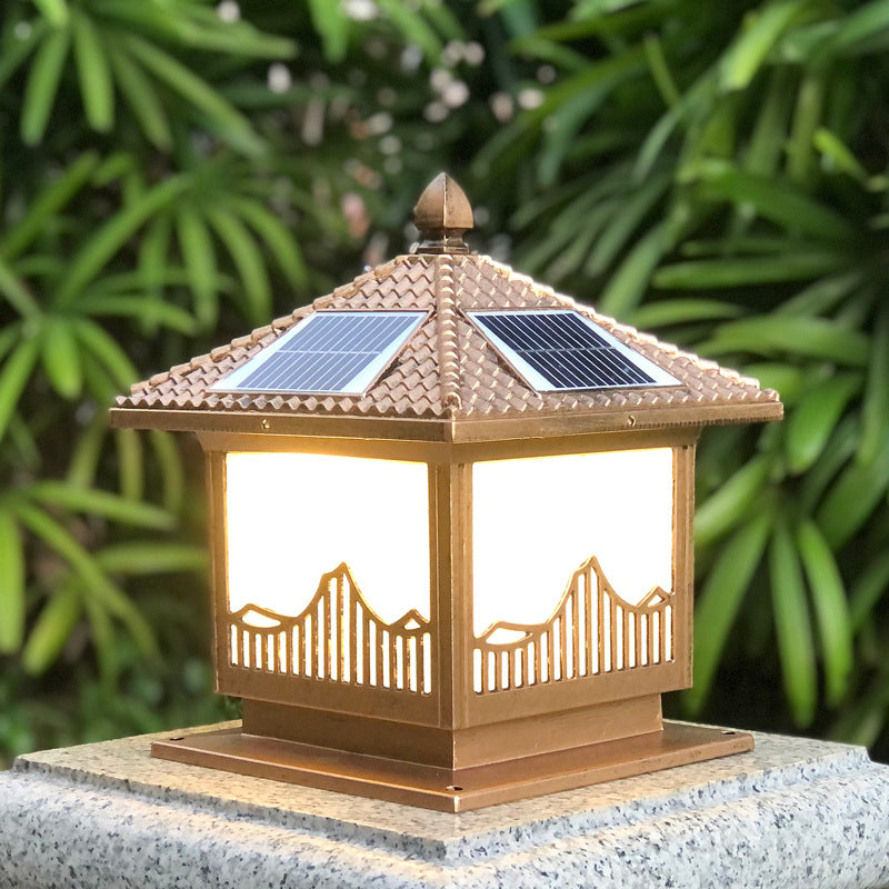 Rectangle Shape Metal Solar Pillar Lamp Modern 1-Light Outdoor Waterproof Light