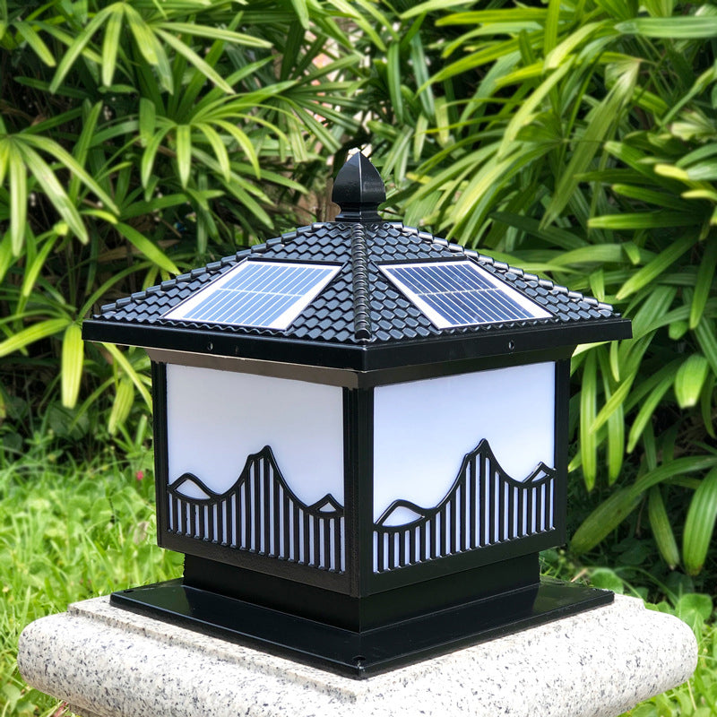 Rectangle Shape Metal Solar Pillar Lamp Modern 1-Light Outdoor Waterproof Light