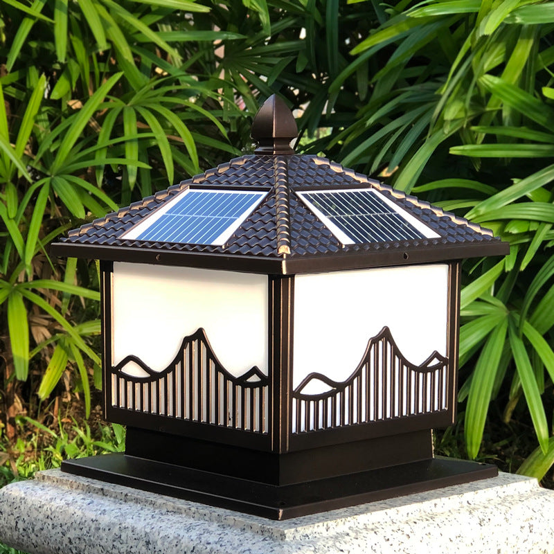 Rectangle Shape Metal Solar Pillar Lamp Modern 1-Light Outdoor Waterproof Light