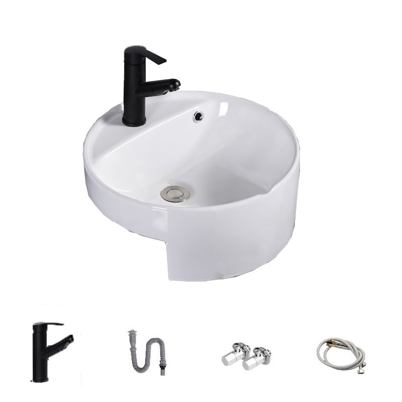 Modern Semi-Recessed Vessel Porcelain with Overflow And Drain Assembly Bathroom Sink