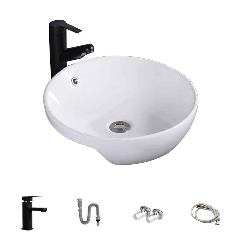 Modern Semi-Recessed Vessel Porcelain with Overflow And Drain Assembly Bathroom Sink