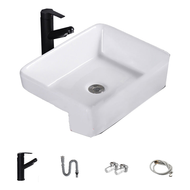 Modern Semi-Recessed Vessel Porcelain with Overflow And Drain Assembly Bathroom Sink
