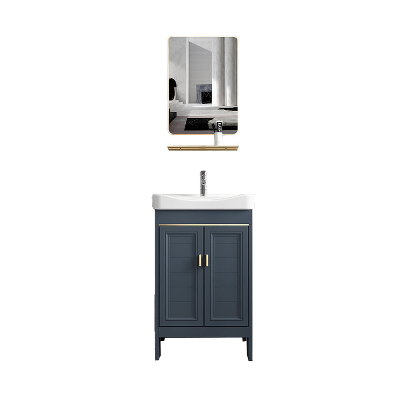 Blue Vanity Freestanding Rectangular Single Sink Mirror Metal Frame Vanity with 2 Doors