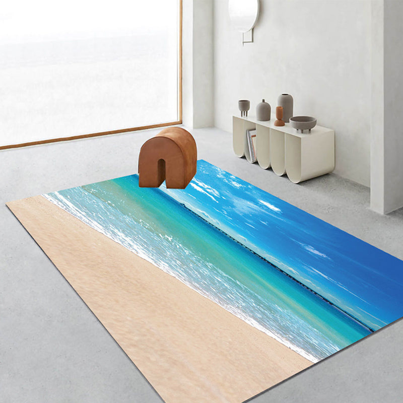 Blue Modern Rug Beach Pattern Polyester Rug Washable Rug for Living Room