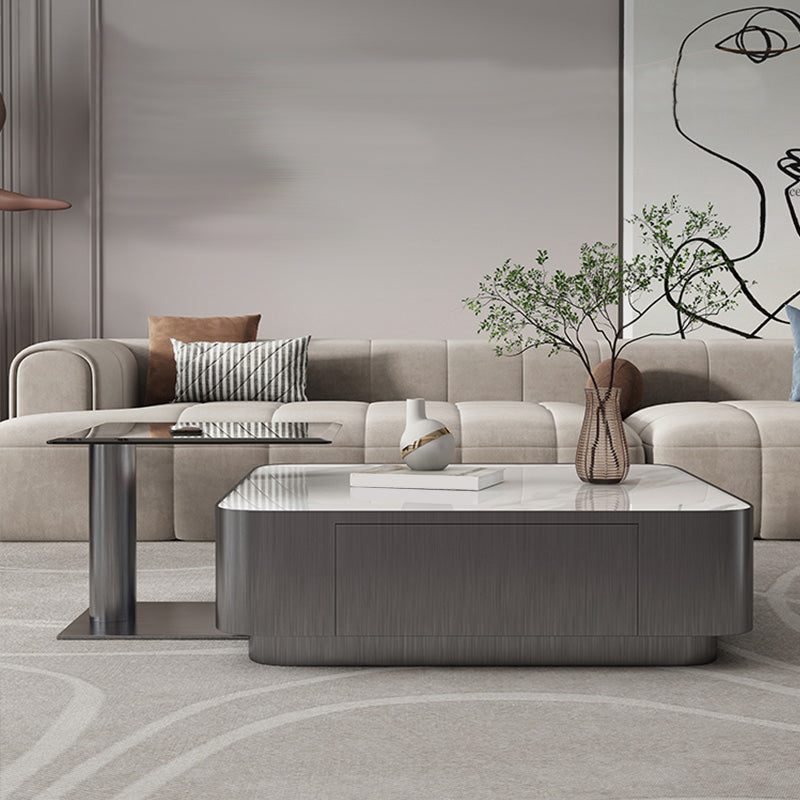 Square Slate Coffee Table Set Contemporary 2 Drawers Cocktail Table